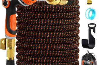 100FT Expandable Garden Hose Pipe, Flexible Hosepipe for Lawn Expanding Retractable with 10 Function Spray Gun Nozzle, Magic Water Hose Attachments 3/4& 1/2 Solid Brass Connectors, Anti-Kink