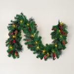 1pc 6FT/1.8M Christmas Garland with Lights, Christmas Garlands for Fireplace Stairs Artificial Wreath with LED Lights and Bow Pine Cones Berries for Xmas Tree Front Door Holiday Decor