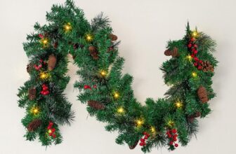 1pc 6FT/1.8M Christmas Garland with Lights, Christmas Garlands for Fireplace Stairs Artificial Wreath with LED Lights and Bow Pine Cones Berries for Xmas Tree Front Door Holiday Decor