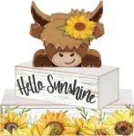3 PCS Highland Cow Ornaments, Wooden Home Ornaments with 2 Inscribed Stakes and 1 Plaque, Living Room Decorative Accessories with Box, Highland Cow Decor for Enthusiasts, Figurines for Living Room