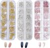 3 Pack Nail Art Charms Set Gold Silver Rose Gold Metal Nail Studs with Hollow Shapes 12 Grids DIY Nail Decorations for Manicure