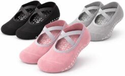 3 Pairs (Pink, Black, Grey) Womens Non-Slip Yoga Grip Socks with Straps, Anti-Slip Silicone Soles for Pilates, Barre & Home Workouts, Secure Barefoot Feel, Studio Training Socks, UK 45.5 – High Grip