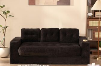 3 Seater Couch for Living Room, Space-Saving Boneless Sofa in a Box with Cushions & Cup Holders, Corduroy Floor Sofa with Backrest, No Assembly Required, for Small Spaces & Teens, Black