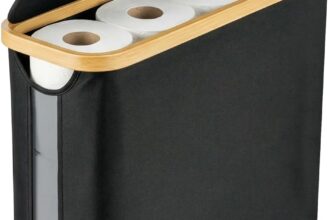 30L Toilet Paper Storage Basket with Lid, Slim Toilet Roll Holder with Bamboo Frame, Foldable Bathroom Storage Bin for 912 Rolls, Space-Saving Organizer for Small Bathrooms (Black A)