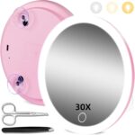 30X Magnifying Mirror with Light, 30X Magnified Mirror with 3 Color Lights and Adjustable Brightness, 6inch Travel High Magnification with 3 Suction Cups Easy Mounting – Includes Tweezers & Scissors