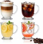 4 Pack Glass Coffee Mugs Set with Handle, 480 ml /16 oz Classical Vertical Stripes Glass Tea Cup Clear Vintage Glassware Set Drinking Glasses Cups for Hot & Cold Beverages Latte Tea Milk Juice