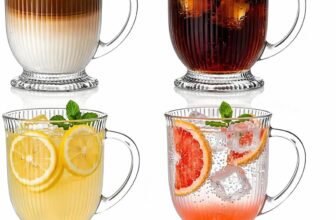 4 Pack Glass Coffee Mugs Set with Handle, 480 ml /16 oz Classical Vertical Stripes Glass Tea Cup Clear Vintage Glassware Set Drinking Glasses Cups for Hot & Cold Beverages Latte Tea Milk Juice
