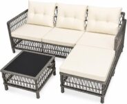 4-Piece L-Shaped Rattan Garden Furniture Set, White PE Wicker Patio Sofa with Coffee Table, All-Weather Outdoor Conversation Set for Backyard, Balcony