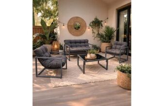 4 Piece Outdoor Metal Patio Furniture Set with Cushions Glass Table