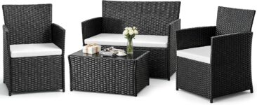 4pc Black Rattan Garden Set with Beige Cushions for Patio Weather-resistant for Britain Rust-proof Steel Frame Tempered glass top Zip-off, Machine-Washable Covers