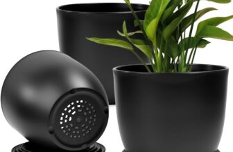 5 Pack Plastic Plant Pots, 17.7/16/14/12.5/11.5 cm Plant Pots with Drainage Holes and Tray Decorative Flower Pot Plastic Planters for Indoor Outdoor Flowers Plants (Black)