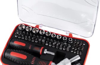 61pc 1/4 Hex Driver Bits Socket Set with Right Angle Ratchet Handle Easy Repairs with Torx Small Precision Multi Bits. Screwdriver Bit Set in a Storage Case