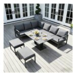 8-Seater Grey L-Shape Iron Garden Sofa Set with Rising Table & Stools