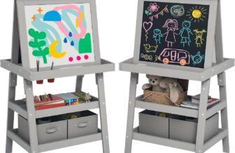 AIYAPLAY Art Easel for Kids with Paper Roll, 3 in 1 Kids Easel Double-Sided Magnetic Whiteboard and Chalkboard with Storage Baskets, for Children 3-6 Years – Grey