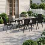 ALAULM Stackable Garden Chairs Set, All-Weather Outdoor Dining Set with High Back & Armrests,Breathable Textilene & Steel Frame for Patio, Balcony, Poolside (BLACK, Set of 8)