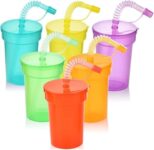 ALINK Reusable Kids Party Neon Sipper Cups with Lids and Straws, 6 Pack 380 ml Leak Proof Colorful Favor Cups for Birthday, Holiday, Events, Party Decoration Supplies