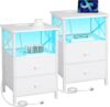 AMHANCIBLE Bedside Table Set of 2, Side Table with Charging Station and Led Lights, Bedside Cabinet with 2 Fabric Storage Drawers, Sofa Side Table, Nightstand for Living Room, Bedroom, White HET052LWT