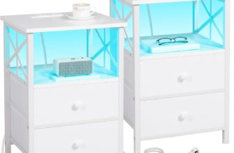 AMHANCIBLE Bedside Table Set of 2, Side Table with Charging Station and Led Lights, Bedside Cabinet with 2 Fabric Storage Drawers, Sofa Side Table, Nightstand for Living Room, Bedroom, White HET052LWT