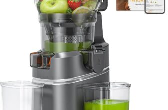 AMZCHEF Cold Press Juicer with 165mm Large Feed Chute, Slow Masticating Juicer for Whole Fruits & Vegetables, Triple Filter, Copper Motor, High Juice Yield, Easy to Clean, Grey
