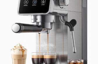 AMZCHEF Espresso Coffee Machines with 20 Bar Pressure, Self-Cleaning & Memory Function, LED Touch Screen, Compact Coffee Machine with Milk Frother for Home, Metallic Silver