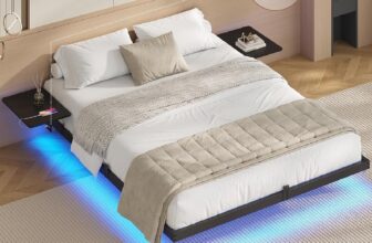 AOGLLATI Floating Bed Frame with LED Lights and Charging Station King Size Bed Frame with Storage Shelves Metal Platform Bed Frame,Under-bed Storage/Noise Free/Black (King-150x200cm)