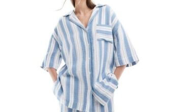 ASOS DESIGN Oversized Bowling Shirt in Pyjama Stripe