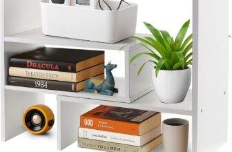 Adjustable Desktop Bookshelf Expandable Wooden Desk Organiser, Small Desktop Storage Rack for Books, Office Supplies, Space-Saving Bookcase for Home Office (White)