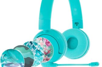 All-New, Made for Amazon BuddyPhones PopTime Pro Volume-limiting Bluetooth Child Headphones with Boom Microphone Age (3-12), Hello Teal