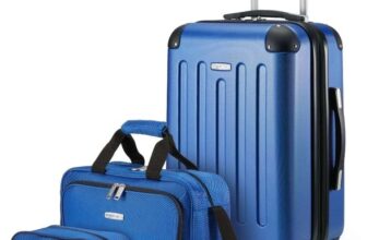 Amazon Basics 3-Piece Hardside Carry-On Luggage Set with Tote & Travel Bag, Expandable, Navy Blue (Rose Gold £62.36)