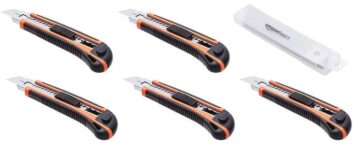 Amazon Basics Heavy Duty Retractable Ergonomic Handle Utility Knife, Multi-Position Locking pack of 5 – Prime Exclusive