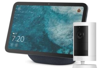 Amazon Echo Show 8 (newest gen), Graphite Ring Outdoor Camera Plus (newest gen), White, View your garden on Echo Show