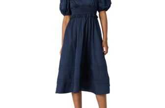 Amazon Essentials Womens Fit and Flare Cotton Sateen Puff Sleeve Midi Dress, V-Neck size L
