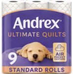 Andrex Ultimate Quilts Toilet Tissue 9 Standard Toilet Rolls, Air Pocket Technology for Soft, Thick Sheets (Previously Andrex Supreme Quilts Toilet Paper) 9 Toilet Rolls