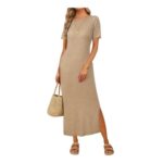 Arach&Cloz Long Maxi Dress – Short Sleeve, Khaki, XL