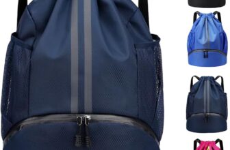 Arae Drawstring Backpack Gym bag with Shoe Compartment & Wet-Proof Pocket Sports Bag for Basketball, Soccer, Swim Travel (Striped Dark Blue)