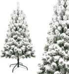 Artificial Flocked Christmas Tree 5ft Snowy Xmas Tree 280 Branch Tips Easy Assembly for Holiday Decorations, Metal Stand