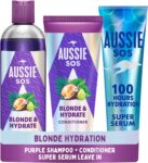 Aussie SOS Blonde & Hydrate Set: Purple Shampoo 300ml, Conditioner 200ml and Super Serum All in One Leave-In Treatment 160ml
