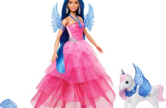 Barbie Unicorn Toy, 65th Anniversary Commemorative Doll with Blue Hair, Pink Gown and Accessories like Sapphire Wings and Pet Alicorn, HRR16