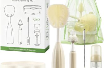 Beige Press Foam Bottle Brush, 4 in 1 Kit w/Reservoir Handle, Steel Wire Brushes, Sand Surface Bag & Draining Base for Baby Bottles/Straws/Pump Parts