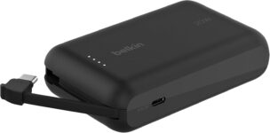 Belkin BoostCharge power bank 10000mAh, portable power bank with integrated cable PD 20W, fast charge USB-C power delivery, power bank fast charging for iPhone 16 series, iPad Pro, Galaxy S24 and more