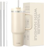 BesWin 40 oz Tumbler with Handle and Straw, Vacuum Insulated Stainless Steel Double Wall Water Bottle Travel Coffee Mug – Holiday Gifts for Women Men – Cream