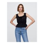 Black Lace-Trim Peplum Crop Top