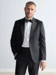 Black Signature Marzotto 100% Italian Wool Check Tuxedo Suit Jacket