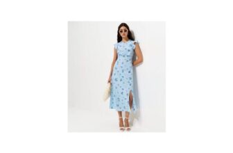 Blue Floral Print Crepe Midi Dress