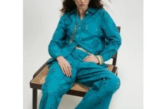 Blue Poplin Broderie Trousers