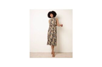 Blue Vanilla Black Floral Print Puffball Waist Midi Dress