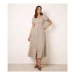 Blue Vanilla Stone Linen Polka Dot Puff Sleeve Midi Dress