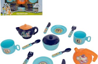 Bluey Plastic Tea Set Pretend Afternoon Tea Playset Bluey & Bingo Toys Including Reusable Teapot, Cups, Kettle, Cutlery & Saucers hildrens Roleplay Playsets Kids Kitchen Pretend Play Tea Se