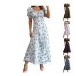 Bohemian Square Neck Puff Short Sleeve a Line Long Dress Floral Print