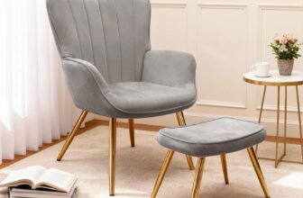 BonVache Modern Armchair with Footstool, Wing Back Accent Chair with Ottoman, Lounge Chair for Living Room Bedroom and Office, Grey
